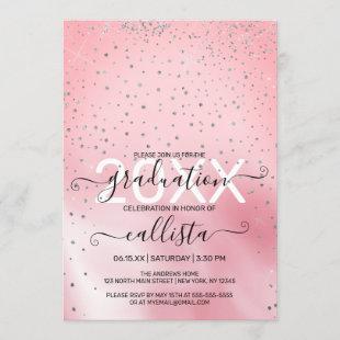 Princess Pink Silver Glitter Confetti Graduation Invitation