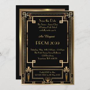 Prom Senior-Junior, Black Gold Geometric, Art Deco Invitation