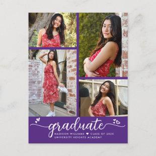 Purple  4 Photo Graduation Modern Script Hearts Invitation Postcard