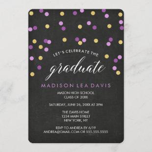 Purple and Gold Confetti Chalkboard Graduation Invitation