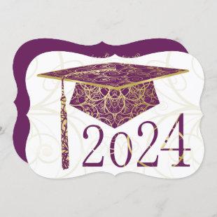 Purple and Gold Floral Cap 2024 Graduation Party Invitation