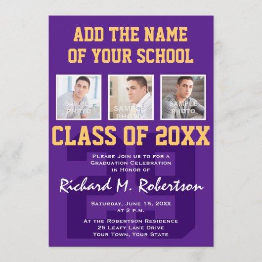 Purple and Gold Football Player's Graduation Party Invitation