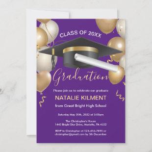 Purple and Gold Graduate Cap Graduation Party Invitation