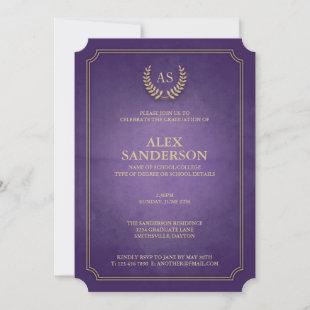 Purple and Gold Monogram/Laurel Wreath Graduation Invitation