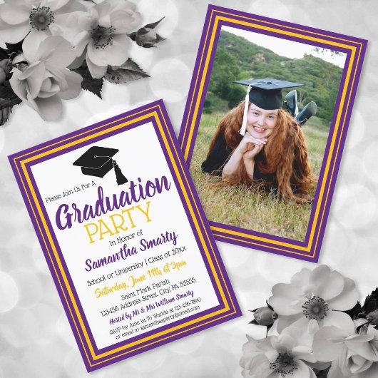 Purple and Gold Photo Graduation Party Invitation