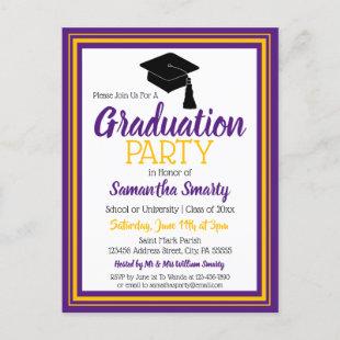 Purple and Gold School Colors Grad Party Invitation Postcard