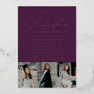 Purple and Gold Script 3 Photo Graduation Party Foil Invitation
