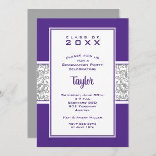 Purple and Gray Damask Graduation Party Invites