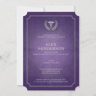 Purple and Silver Medical Caduceus Graduation Invitation