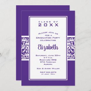 Purple and White Damask Graduation Invitations