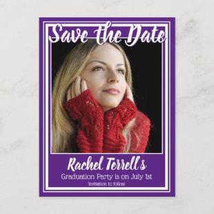 Purple and White Save the Date Graduation Announcement Postcard