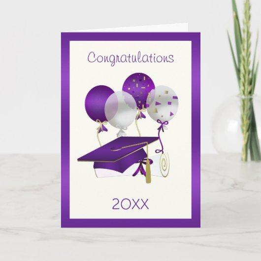 Purple balloons, mortar and diploma Graduation Card