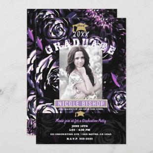 Purple Black Floral Glam Photo Graduation Party    Invitation