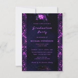 Purple Black Glitter Graduation Party Invitation