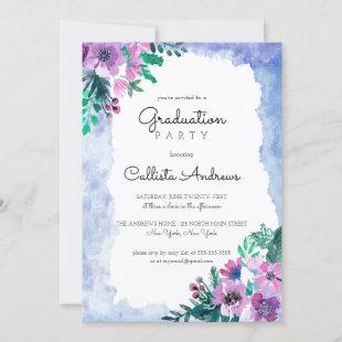 Purple Blue Floral Watercolor Graduation Party Invitation