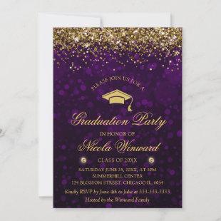 Purple Bokeh & Gold Glitter Graduation Party Invitation