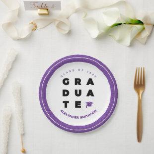Purple Bold GRADUATE Letters and Cap Graduation Paper Plates