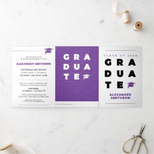 Purple Bold GRADUATE Letters and Cap Graduation Tri-Fold Announcement
