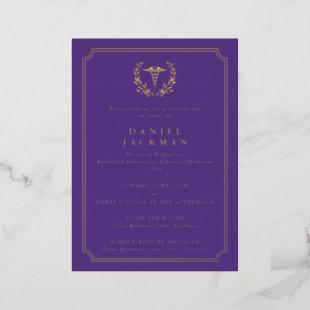 Purple Caduceus+Laurel Medical School Graduation Foil Invitation