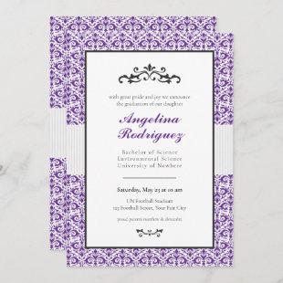 Purple Damask Pattern Photo Graduation Invitation