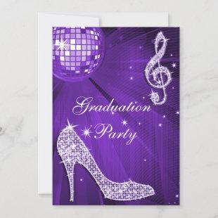Purple Disco Ball Sparkle Heels Graduation Invitation