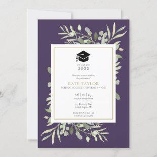 Purple Elegant Greenery Photo Graduation Party Inv Invitation