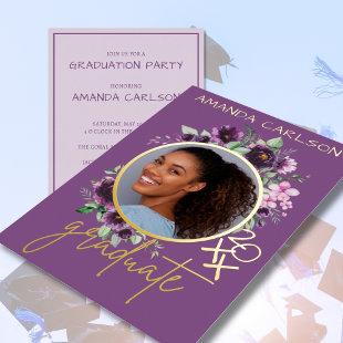 Purple Floral and Foil Photo Grad Party Invite