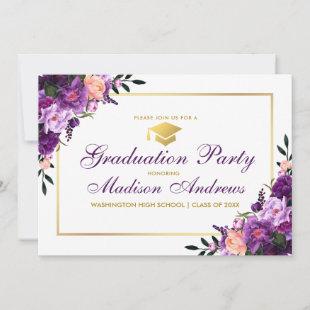 Purple Floral Gold Frame Graduation Party Invite