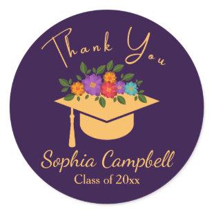 Purple Floral Graduation Classic Round Sticker