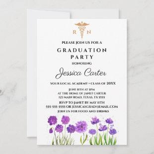 Purple Floral Graduation Nurse Typography Invitation