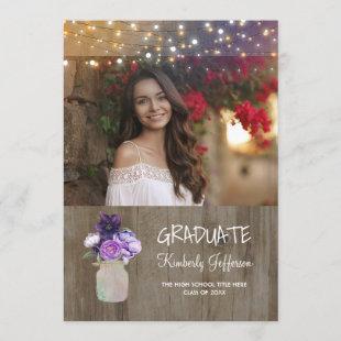 Purple Floral Mason Jar Rustic Photo Graduation Invitation