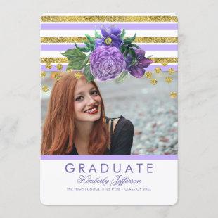 Purple Flowers and Gold Stripes Elegant Graduation Invitation