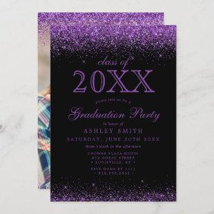 Purple Glitter Black Photo Graduation Invitation