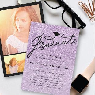 Purple Glitter Chic Graduate Graduation Cap Party Invitation