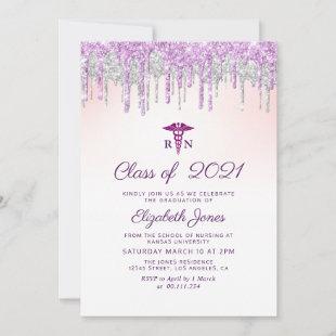 purple glitter nursing graduation party invitation