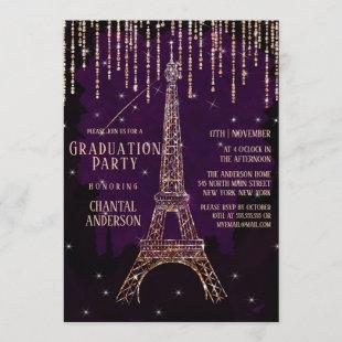 Purple Glitter Paris Eiffel Tower Graduation Invitation