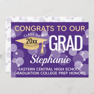 Purple Gold Confetti Bokeh Bubbles Graduation Invitation