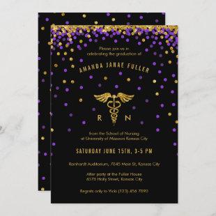 Purple & Gold Confetti Nurse Graduation Invitation