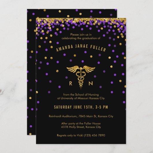 Purple & Gold Confetti Nurse Graduation Invitation