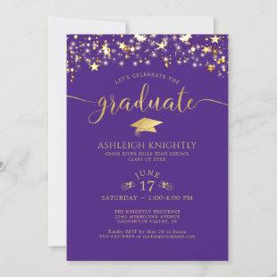 Purple Gold Confetti Stars Graduation Party Invitation