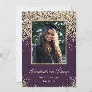 Purple Gold Glitter Photo Graduation Party Invitation