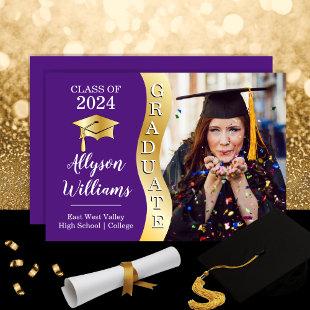 Purple | Gold Graduate Wave Grad Cap Photo Announcement