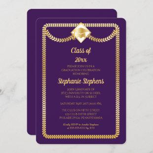 Purple | Gold Leaves Graduation Party Invitation