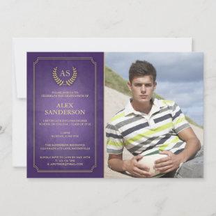 Purple/Gold Monogram and Laurel Wreath Graduation Invitation