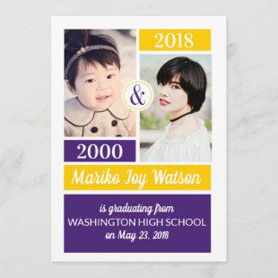 Purple Gold School Colors Then and Now Graduation Invitation