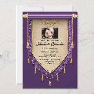 Purple gold scroll color photo women's graduation invitation