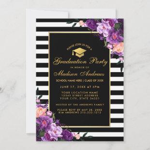 Purple Gold Striped Graduation Party Invitation
