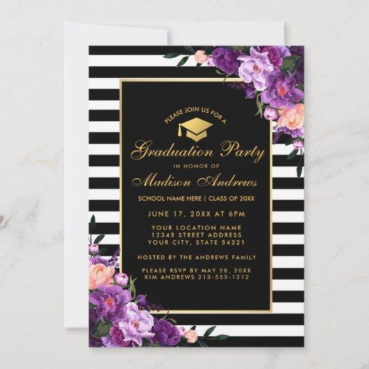 Purple Gold Striped Graduation Party Invitation