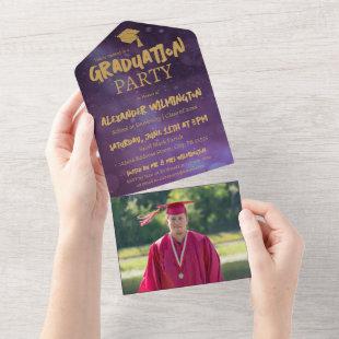 Purple & Gold Two Photo Graduation Party All In One Invitation
