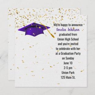 Purple Graduation Cap with Gold Confetti Invitation